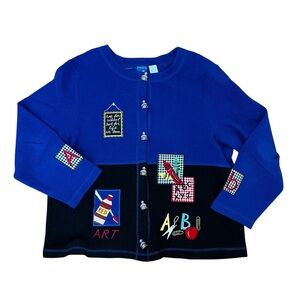 Onque Casuals XL Cardigan Sweater School Art Theme Blue Black Cotton Women’s